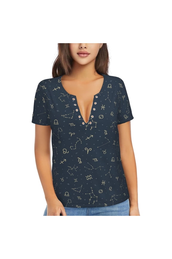 V Neck Tee Tops Summer Short Sleeve Casual Sexy T-Shirts, Zodiac Symbols Star Constellation