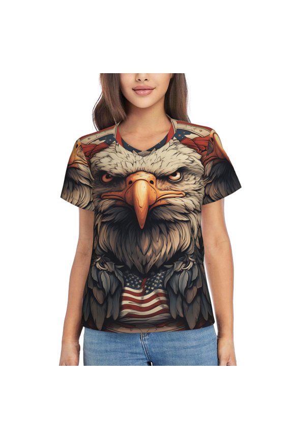 V Neck Tee Tops Summer Short Sleeve Casual T-Shirts, American Flag United States Navy Eagle