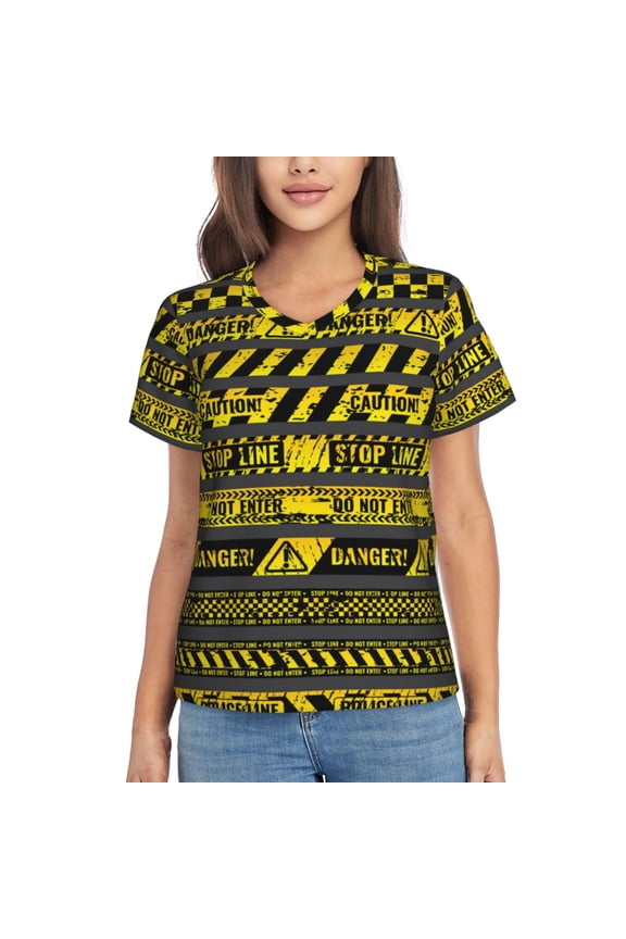 V Neck Tee Tops Summer Short Sleeve Casual T-Shirts, Danger Caution Warning Police Stripe