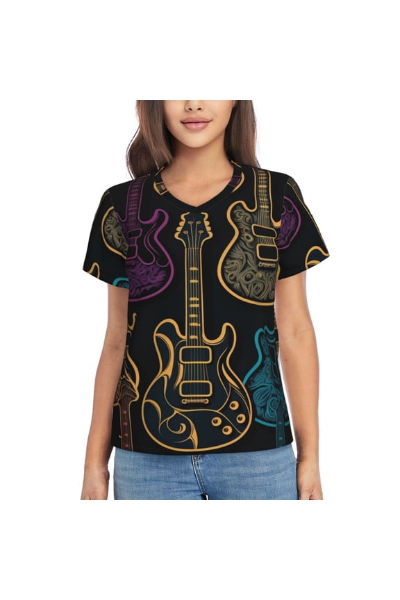 V Neck Tee Tops Summer Short Sleeve Casual T-Shirts, Electric Guitars Rock Music