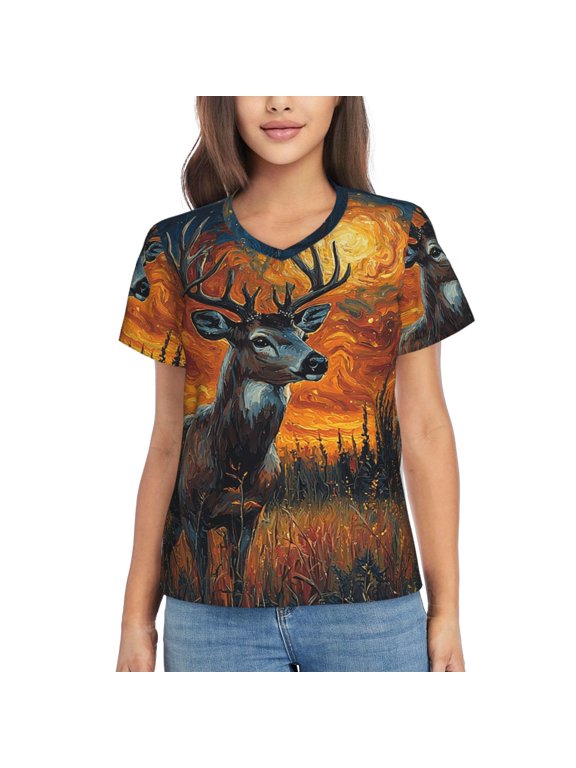 V Neck Tee Tops Summer Short Sleeve Casual T-Shirts, Hunting Deer Psychedelic