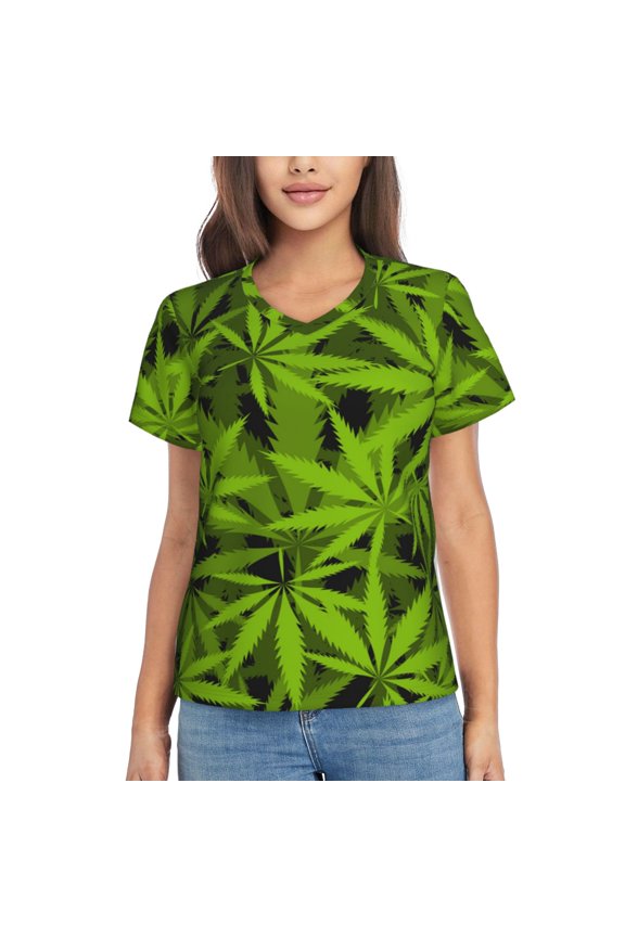 V Neck Tee Tops Summer Short Sleeve Casual T-Shirts, Leaves Pattern