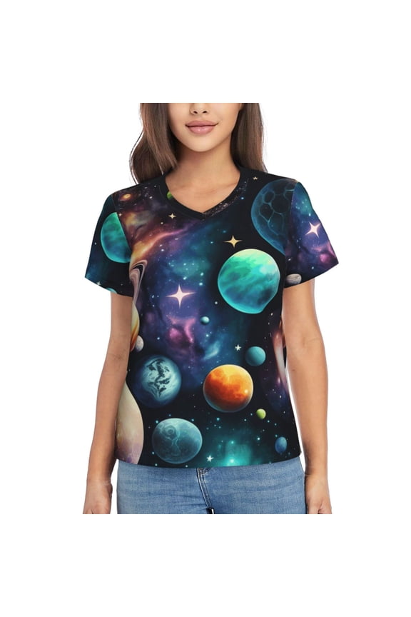 V Neck Tee Tops Summer Short Sleeve Casual T-Shirts, Planets Galaxy Stars Cosmic Space