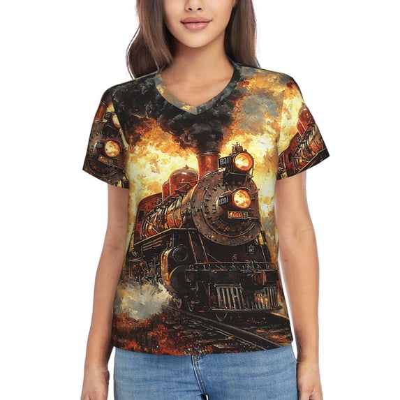 V Neck Tee Tops Summer Short Sleeve Casual T-Shirts, Retro Steam Train Vintage
