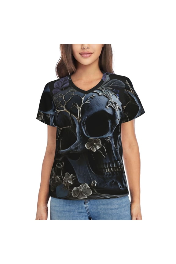 V Neck Tee Tops Summer Short Sleeve Casual T-Shirts, Skull Gothic Bones Witchy