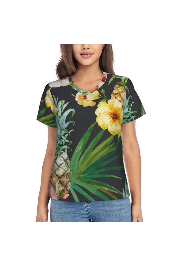 V Neck Tee Tops Summer Short Sleeve Casual T-Shirts, Tropical Pineapple Hawaii Floral
