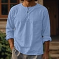 thumbnail image 1 of V Neck Tees for Men Men's Summer Linen Long Sleeve Shirt, Lightweight Breathable Casual Button Crewneck Tops, Loose Fitting Blouse for Beach Vacation Holiday Wear Blue XL, 1 of 5
