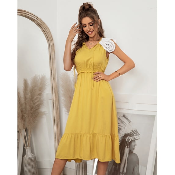 V Neck Tie Neck Lace Sleeve Dress for Women Below Knee Length