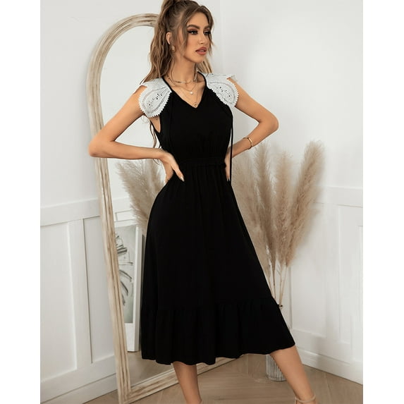 V Neck Tie Neck Lace Sleeve Dress for Women Below Knee Length