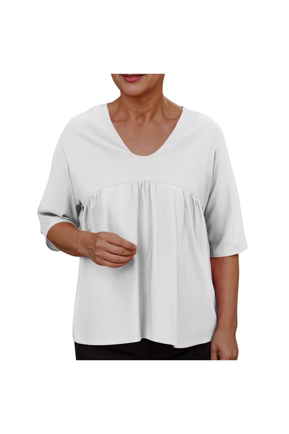 V-Neck Top with Ruffle and Panel Detail, Women's Raglan Sleeve Linen-Style Blouse for Casual