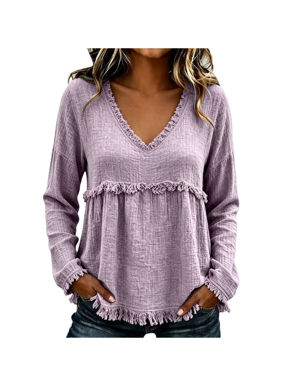 V Neck Tops for Women,boho Fringe Tops for Women Modest Tops Blouses for Women Trendy Cute Tops Dressy Top Fitted Shirt Women Trending Fashion Chic Peasant Blouses,Light Violet,XL