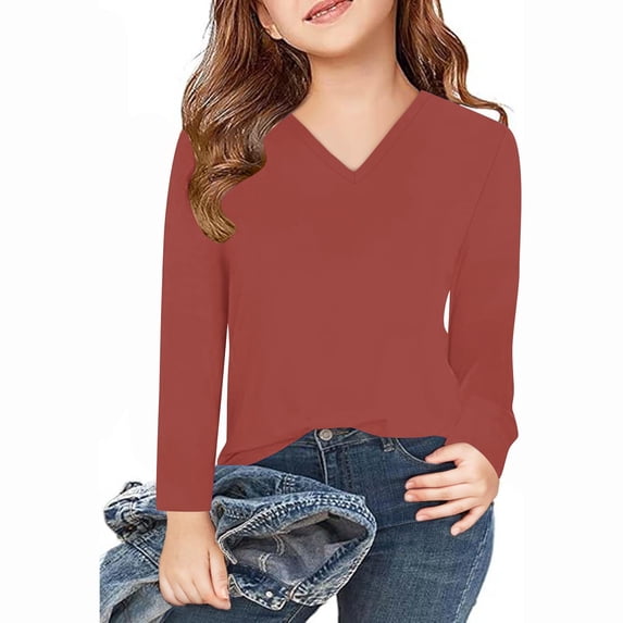 V Neck Tops for Girls Boys Casual Long Sleeve T Shirts Teens Size 3-14 Solid Color Pullover Basic Going Out Loungewear Tees Top