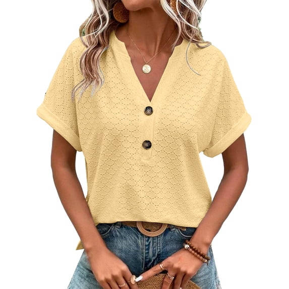 V Neck Tops for Women Batwing Sleeve Pure Color Fashionable Casual Breathable Button Short Sleeves Tops for Daily Office Yellow XXL
