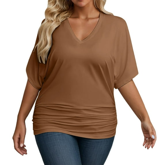 V-Neck Tops for Women Casual Solid Color Shirts Short Sleeve Fall Fashion Dressy Tee