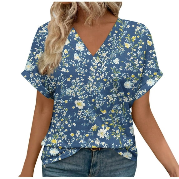 V Neck Tops for Women Dressy Casual Floral Printed Short Sleeve Blouses Summer Basic Loose Fit Tunic T Shirts (2XL, Multicolor 2)