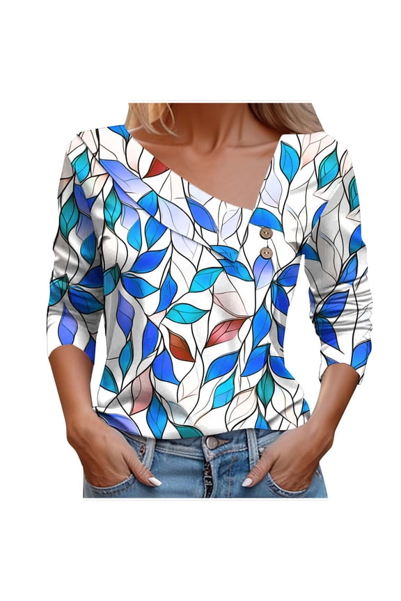 V Neck Tops for Women Dressy Tunic T-Shirts Juniors Pleated Button 3/4 Length Sleeve Blouse Teen Girls Casual Cute Floral Print Pullover Tee