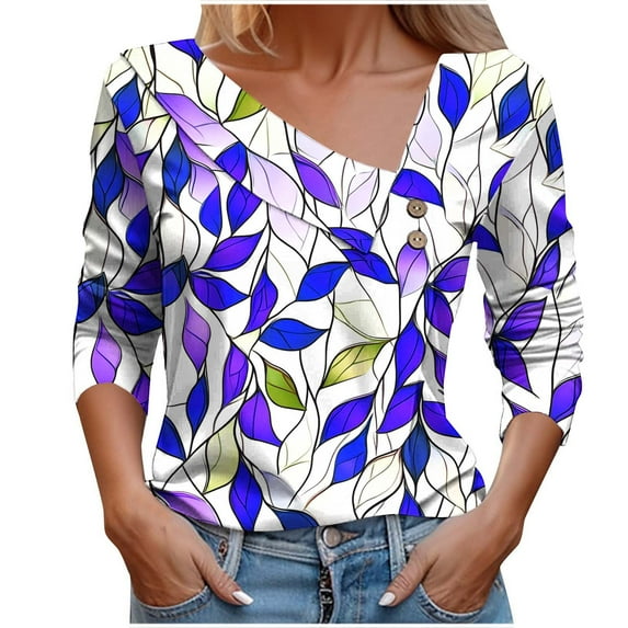 V Neck Tops for Women Dressy Tunic T-Shirts Juniors Pleated Button 3/4 Length Sleeve Blouse Teen Girls Casual Cute Floral Print Pullover Tee