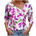 thumbnail image 1 of V Neck Tops for Women Dressy Tunic T-Shirts Juniors Pleated Button 3/4 Length Sleeve Blouse Teen Girls Casual Cute Floral Print Pullover Tee, 1 of 5