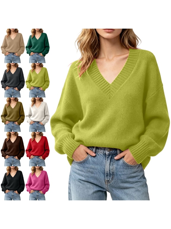 V Neck Tops for Women Drop Shoulder Knit Sweater,Oversized Long Sleeve Loose Fit Casual Solid Color Pullover Top for Office Business Casual Wear