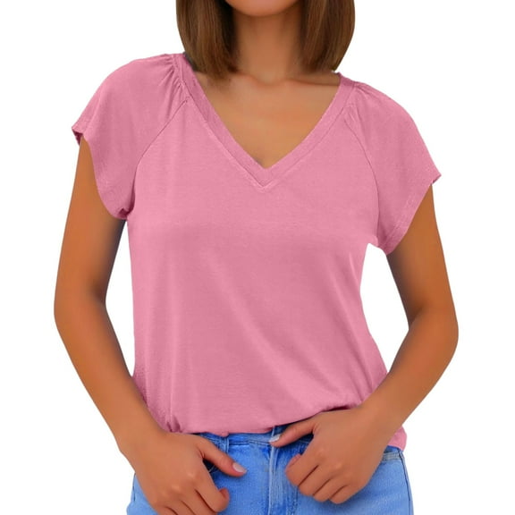 V-Neck Tops for Women Short Sleeve Basic Solid Color Blouses Dressy Casual Fall Tees