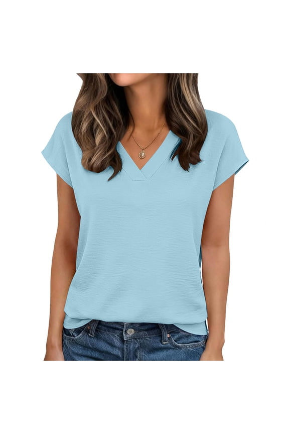 V Neck Tops for Women Summer Casual Stretch Plain Tshirts Regular Fit Short Sleeve Tunic Tee Shirts (L, Light Blue)