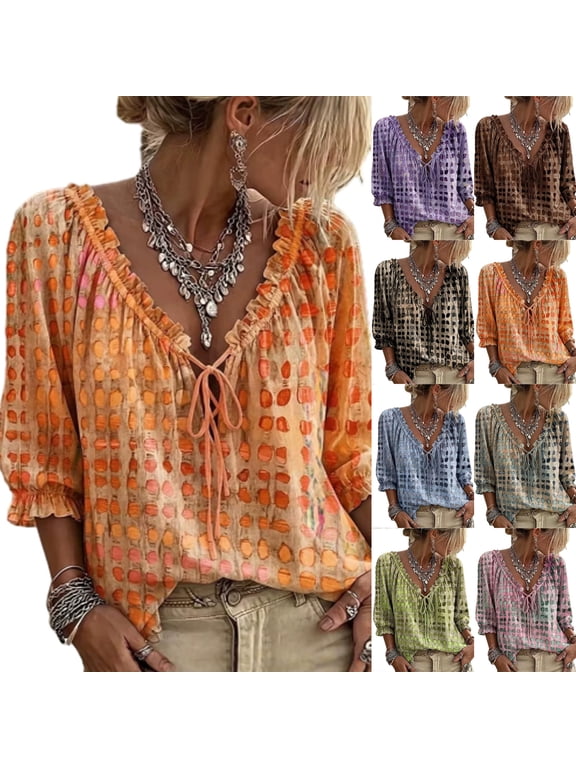 V Neck Tops for Women Trendy Loose Polka Dot Blouse Ruffled Neckline Drawstring Front 3/4 Puff Sleeve Soft Daily Vacation Shirts
