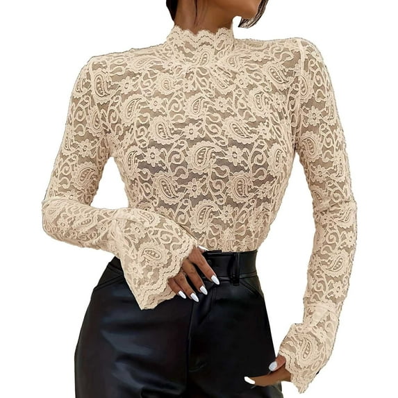 V Neck Tops for Women plus Size Women's Tunic Women's Floral Lace Neck Long Flounce Sleeve Pullover Sheer Slim Fit Stand Collar Blouse Top
