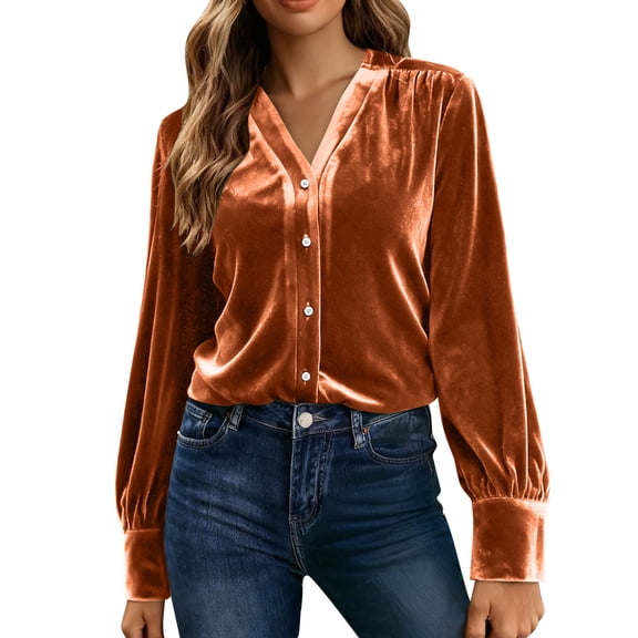 V Neck Tops for womens Elegant Velvet Long Sleeve Shirt Spring Fashion Button Down Blouses Formal Business Clothes Causal Trendy Outfits 2026