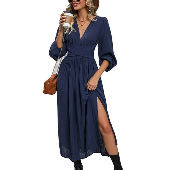 V Neck Twist Waist Tie Back Slit Dress for Women Mid-Calf Length