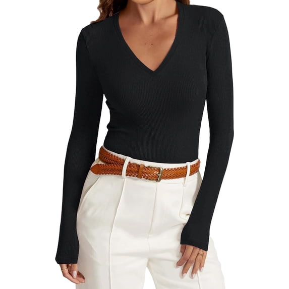 V Neck Underwear Tops for Women Long Sleeve Basic Thermal Ribbed Knit Tops Lightweight Slim Warm Underscrubs Layer Tee Black XS