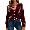 thumbnail image 1 of V-Neck Velvet Tops for Women, Fall Fashion Pullover Blouse, Button Long Sleeve Temperament Tops, 1 of 9