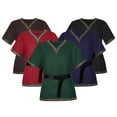 thumbnail image 1 of V Neck Viking Medieval Tunic, V Neck Medieval Viking Short Sleeve Tunic, Printed Trim Warrior Peasant Cosplay Top With Belt, Multi Earth Tone Larp Halloween Costume Shirt, Black L, 1 of 8