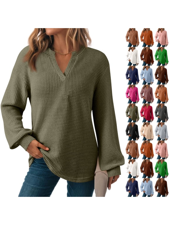 V Neck Waffle Knit Top for Women Long Sleeve Loose Fit Tunic Blouse Casual Pullover Shirt Curved Hem Knit Top Office Casual