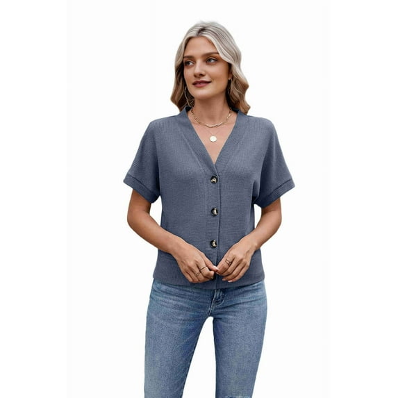 V-Neck Waffle Sweater Dark Blue M
