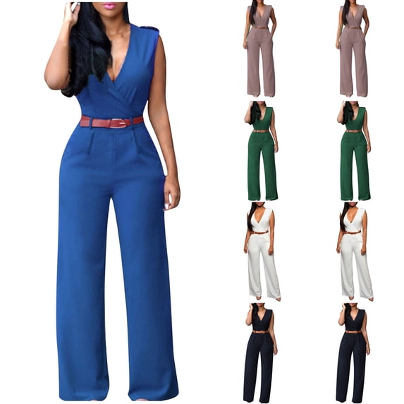 V-Neck Wide Leg Jumpsuit High Waisted Sleeveless Romper with Pockets, Solid Color Casual Palazzo Pants for Women, Summer Streetwear Lounge Outfit, Birthday Gifts for Women