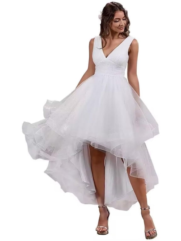 V‑Neck Wide Straps High‑Low Wedding Dress for Bride, Tulle Bridal Gown with Asymmetrical Ruffled Skirt