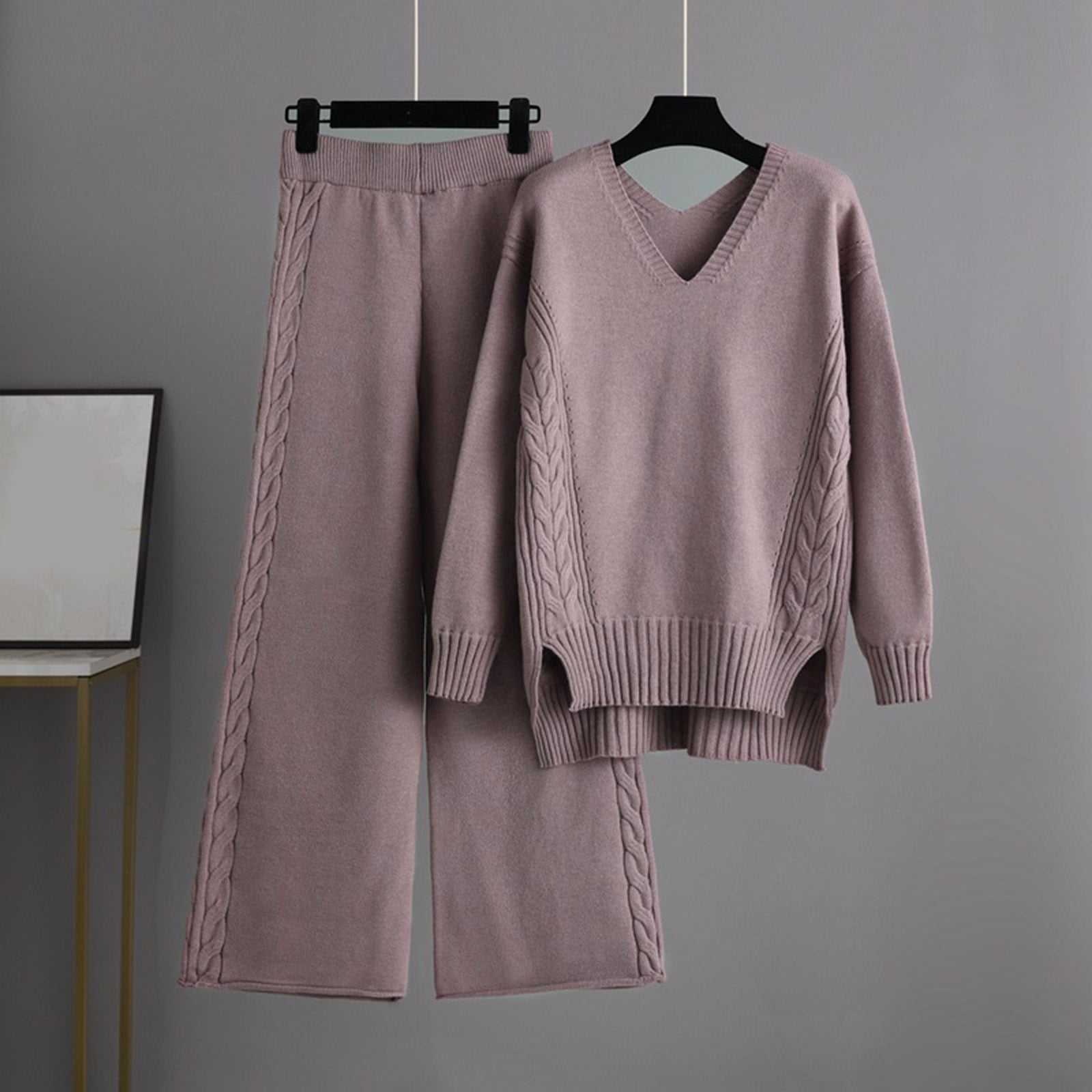 Women Autumn Winter Two Piece Set Knit Outfit Sweater Jumper Pants Trousers