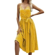 V Neck for Women Chiffon Dresses Sleeveless Casual Summer Polka Dot Dresses 2023 New European And American Mid-Length Pleated Dress With Straps And Straps Dress Women Dot Print Sundress