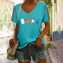 V-Neck Women's Short Sleeve T-shirt Women'S Baseball Festival Solid Color Baseball Printed V Neck Short Sleeved Top,Blue Women's Short sleeve T-shirt M