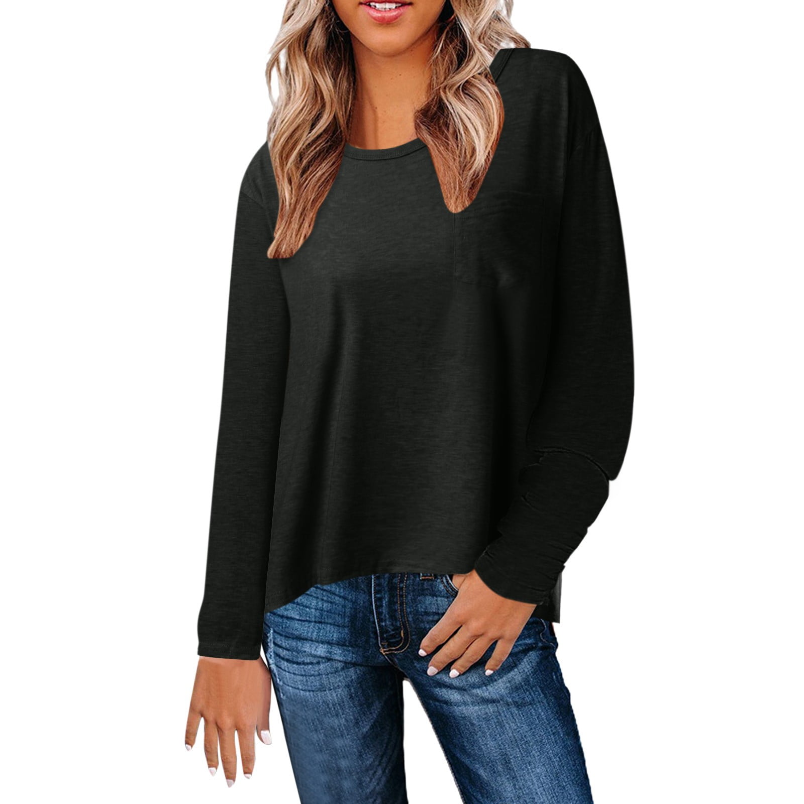 V Neck Women's Tops Women Solid Color Long Sleeve T Shirt V Neck Pocket ...