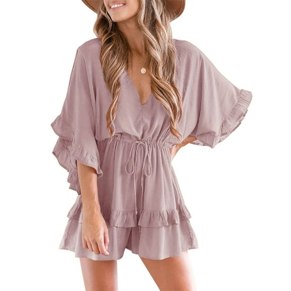 V Neck Womens Beach Romper Ruffle Layered Drawstring Waisted Shorts Jumpsuit