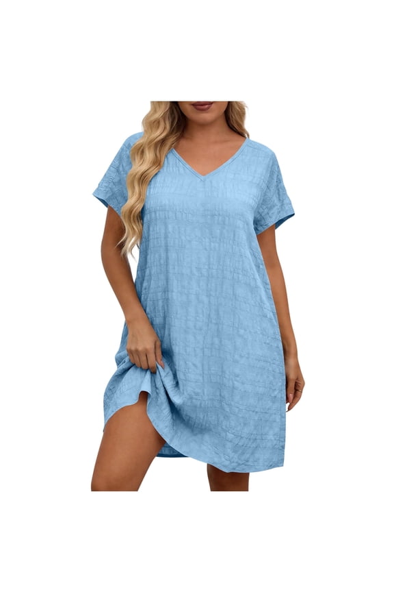 V Neck Womens Summer Dresses Casual Short Sleeve Beach Mini Tshirt Dress Maternity Oversized Comfy Gauze Dress