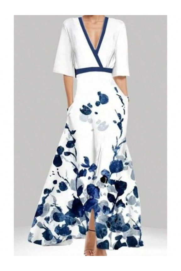 V-Neck Wrap Maxi Dress With Blue Floral Print Flower Pattern 2