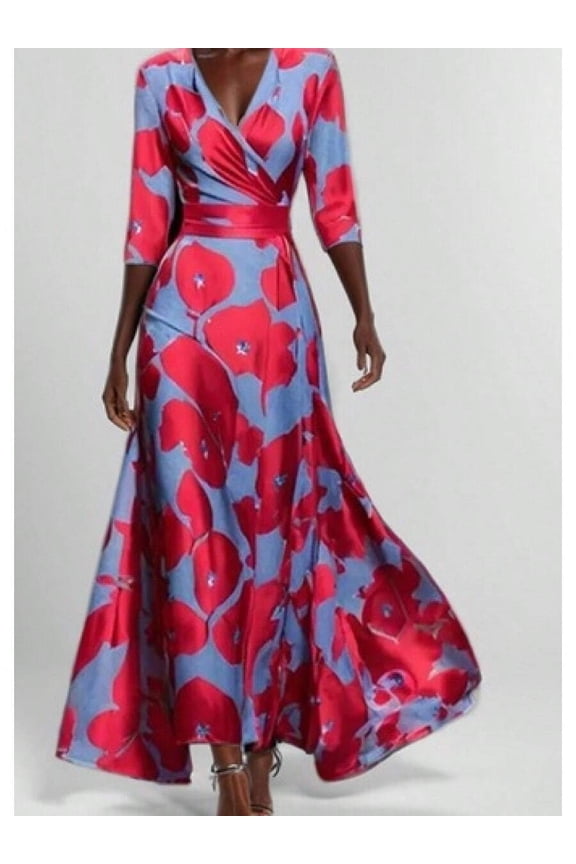 V-Neck Wrap Maxi Dress With Bold Red & Blue Floral Print Flower Pattern 5