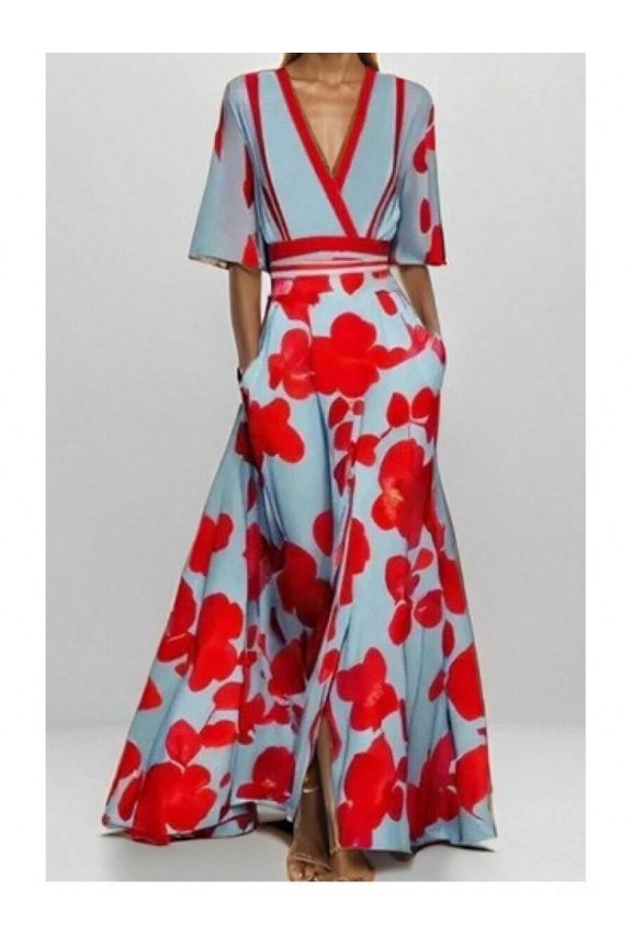 V-Neck Wrap Maxi Dress With Bold Red Floral Print Flower Pattern 1