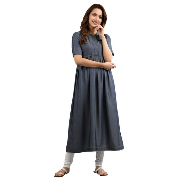 V-Neck Yarn-dyed Dress - Blue-Medium