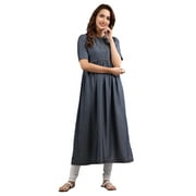 V-Neck Yarn-dyed Dress - Blue-Medium