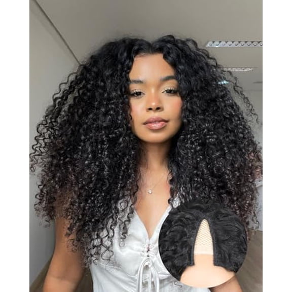 V Part Burmese Curly Wig for Black Women, Glueless Protein Silk Synthetic Curl Upgraded U Part Wigs Soft Human Hair Feel, Lightweight Beginner Friendly Upart, Daily Wear/ Time-Saving Vpart