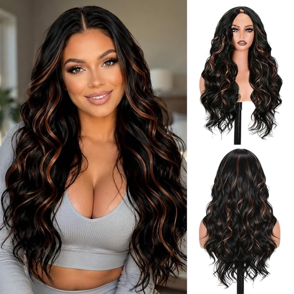 V Part Wig Body Wave Highlights Wigs for Women 24 Inch Black Mix Brown U-Part Clip in Wigs Synthetic Wear and Go Glueless Wig No Sew In Wavy Half Hair Wigs for Daily Use