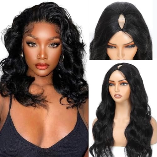 V Part Wig Human Hair Wave Upgrade U Part Human Hair Wig With Clips Glueless Wigs Human Hair Beginner Friendly 18 Inch V Shape Clip In Half Wigs for Women No Leave Out 180% Density